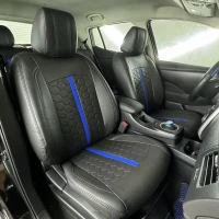 Чехлы на Nissan Leaf I (Ниссан Лиф 1) из экокожи Eco Sport (синяя полоска) Чехлы на Nissan Leaf I (Ниссан Лиф 1) из экокожи Eco Sport (синяя полоска)