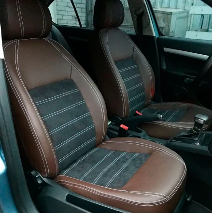 Чехлы на Skoda Octavia A5 из экокожи и антары Comfort 3 коричнево-черные