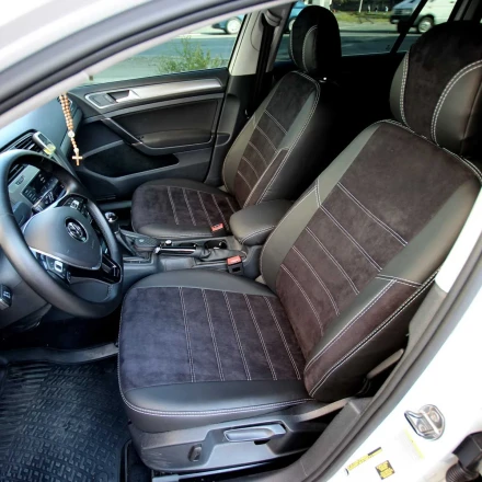 Чехлы на Volkswagen Golf VII и E-Golf (Фольксваген Гольф 7) из экокожи и антары EcoLazer+Antara белая нить