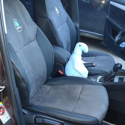 Чехлы на Skoda Octavia A7 из экокожи и антары черные с лого