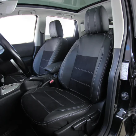 Чехлы на Nissan Qashqai I (Ниссан Кашкай 1) из экокожи и антары Vip Elite белая прострочка